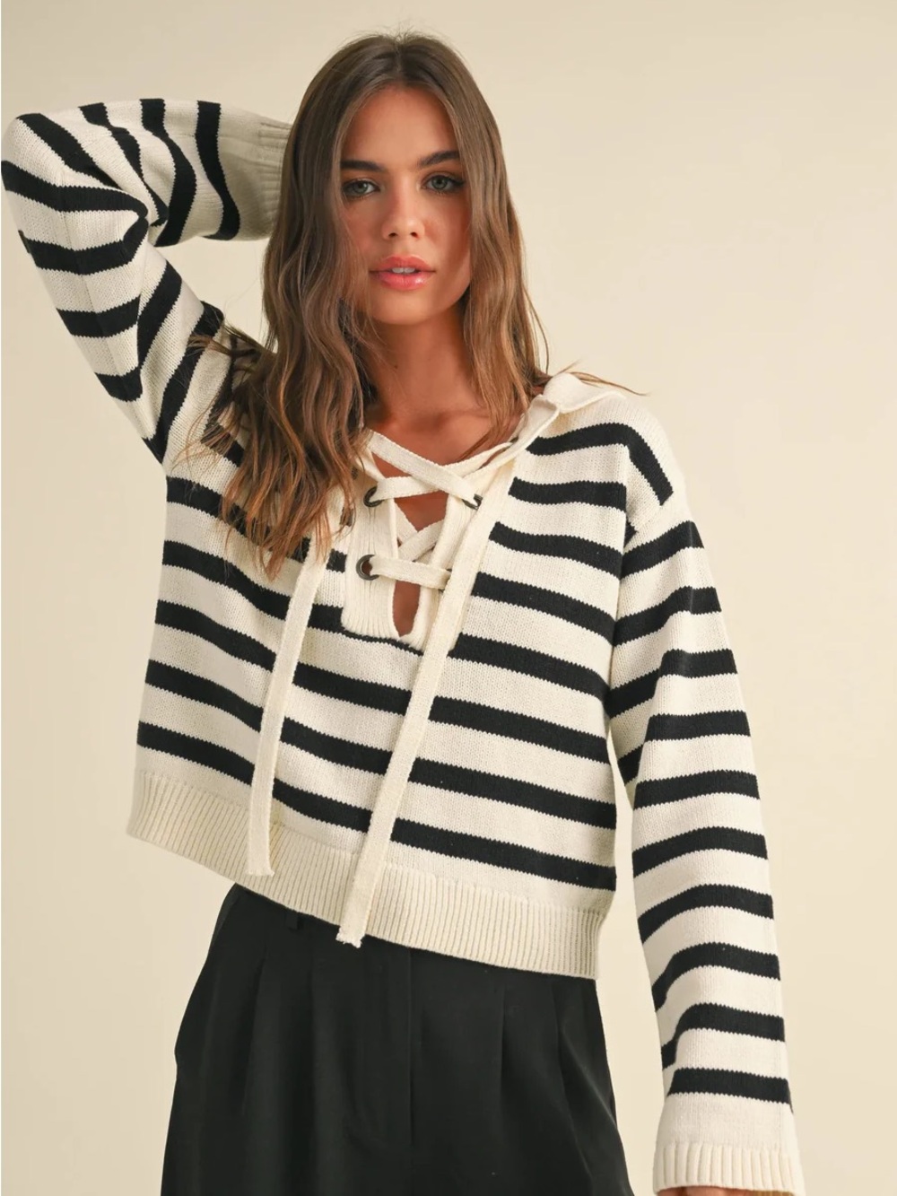 Pink-Rose Striped VNeck Pullover Shirt Sweater X-Large Tie Front Longsleeve
